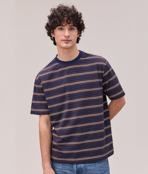 Mens Recycled Stripe Tee - Recycled Jersey - Brown Navy Stripe